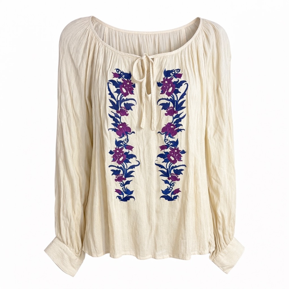 Karen Kane embroidered peasant top cream purple and blue floral embroidery xl